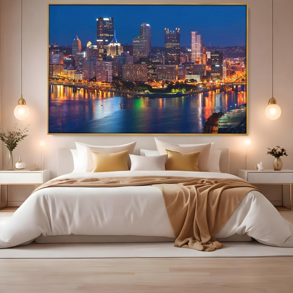Tablou Canvas Premium, LuxCanva® O1032, Fluviul Tacut, Oras, Rau, Electrizant, Revarsare, Cladiri, Vraja, Albastru, Lumina, Noapte, Freamat, Invizibil, Lume, Pod, Sticla, Birou, Living, Dormitor