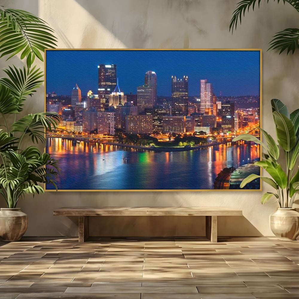 Tablou Canvas Premium, LuxCanva® O1032, Fluviul Tacut, Oras, Rau, Electrizant, Revarsare, Cladiri, Vraja, Albastru, Lumina, Noapte, Freamat, Invizibil, Lume, Pod, Sticla, Birou, Living, Dormitor