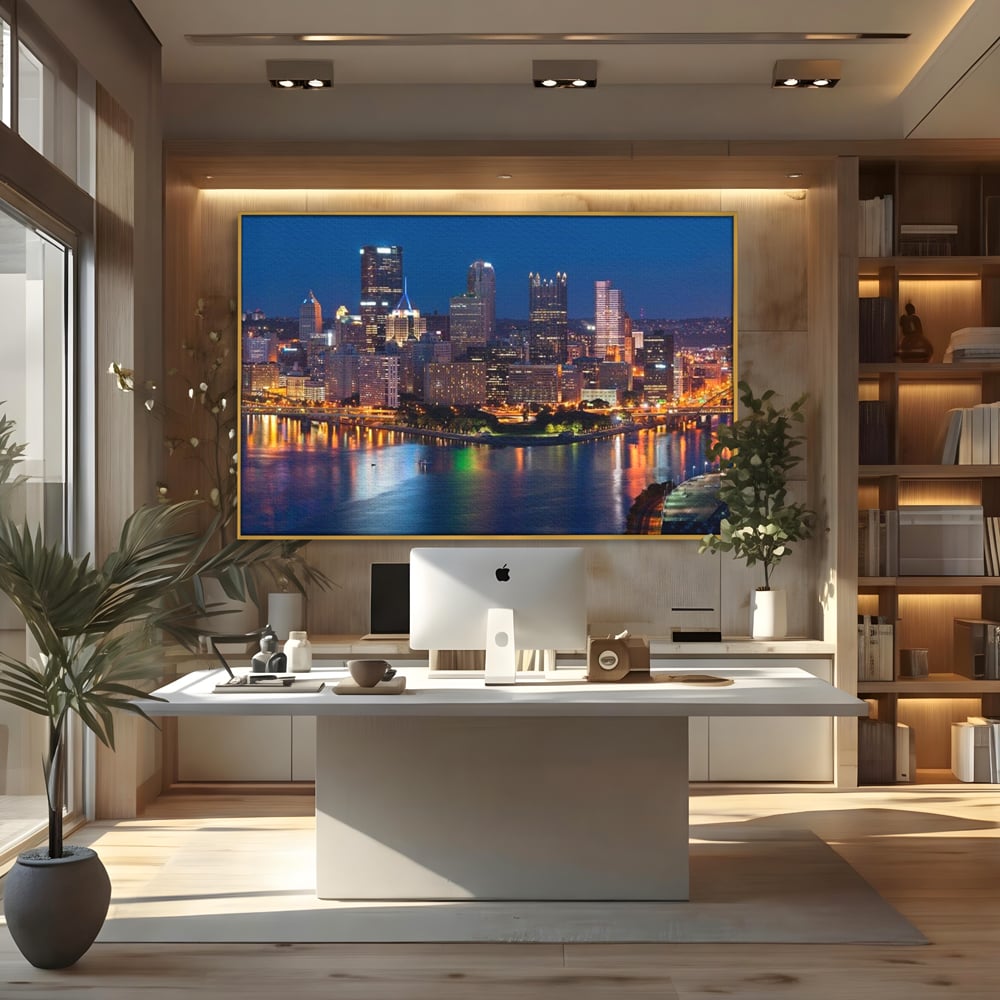 Tablou Canvas Premium, LuxCanva® O1032, Fluviul Tacut, Oras, Rau, Electrizant, Revarsare, Cladiri, Vraja, Albastru, Lumina, Noapte, Freamat, Invizibil, Lume, Pod, Sticla, Birou, Living, Dormitor