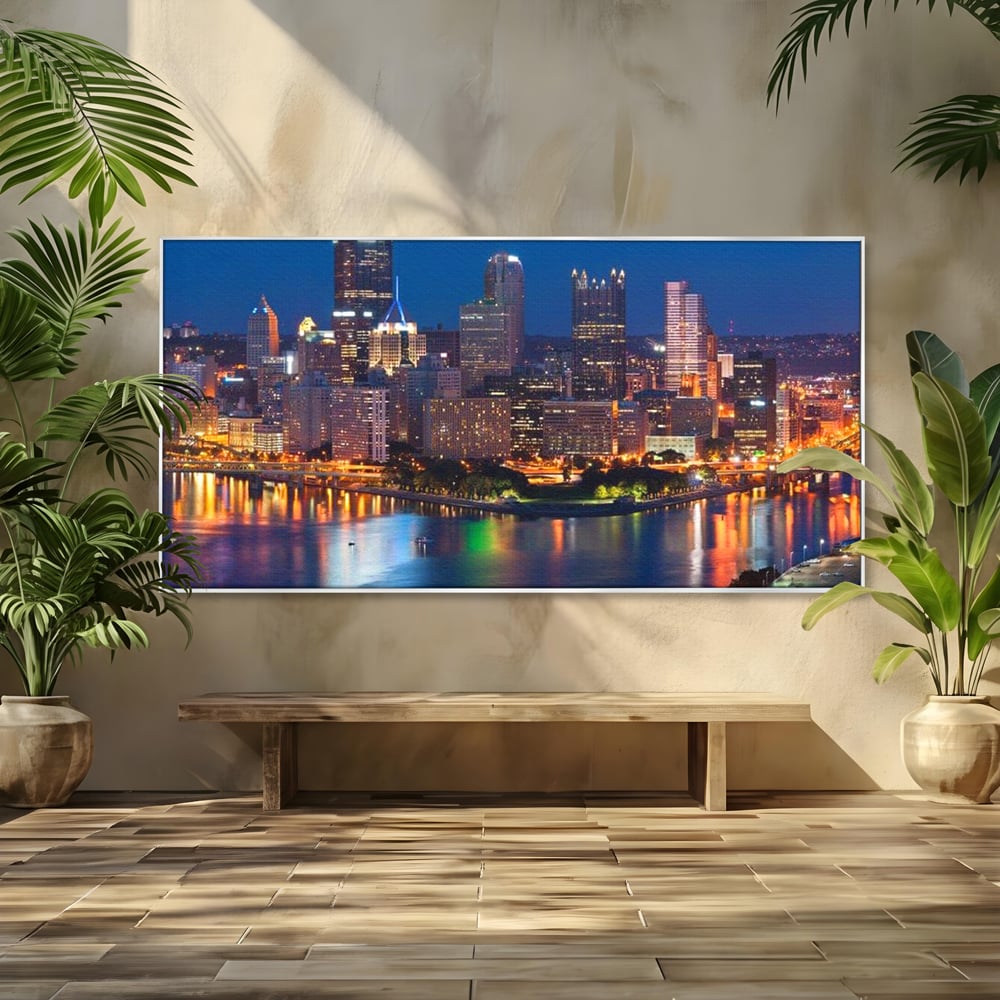 Tablou Canvas Premium, LuxCanva® O1032, Fluviul Tacut, Oras, Rau, Electrizant, Revarsare, Cladiri, Vraja, Albastru, Lumina, Noapte, Freamat, Invizibil, Lume, Pod, Sticla, Birou, Living, Dormitor