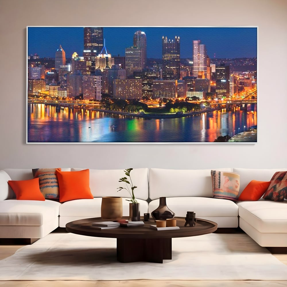Tablou Canvas Premium, LuxCanva® O1032, Fluviul Tacut, Oras, Rau, Electrizant, Revarsare, Cladiri, Vraja, Albastru, Lumina, Noapte, Freamat, Invizibil, Lume, Pod, Sticla, Birou, Living, Dormitor