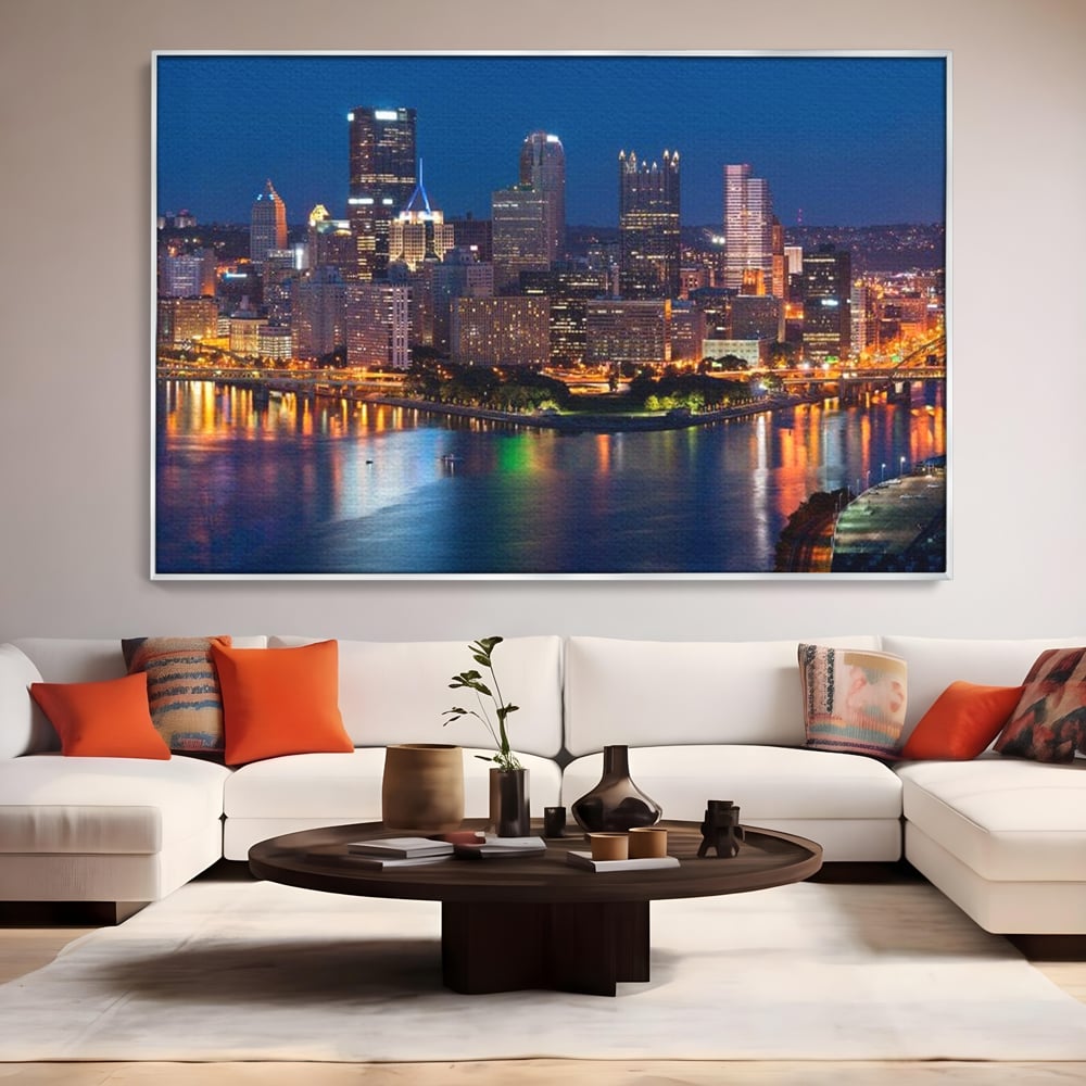 Tablou Canvas Premium, LuxCanva® O1032, Fluviul Tacut, Oras, Rau, Electrizant, Revarsare, Cladiri, Vraja, Albastru, Lumina, Noapte, Freamat, Invizibil, Lume, Pod, Sticla, Birou, Living, Dormitor
