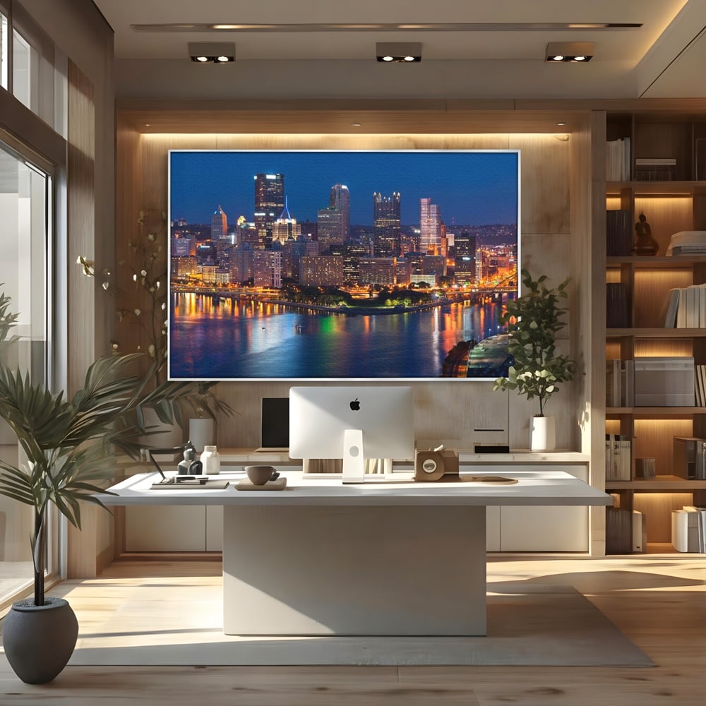 Tablou Canvas Premium, LuxCanva® O1032, Fluviul Tacut, Oras, Rau, Electrizant, Revarsare, Cladiri, Vraja, Albastru, Lumina, Noapte, Freamat, Invizibil, Lume, Pod, Sticla, Birou, Living, Dormitor