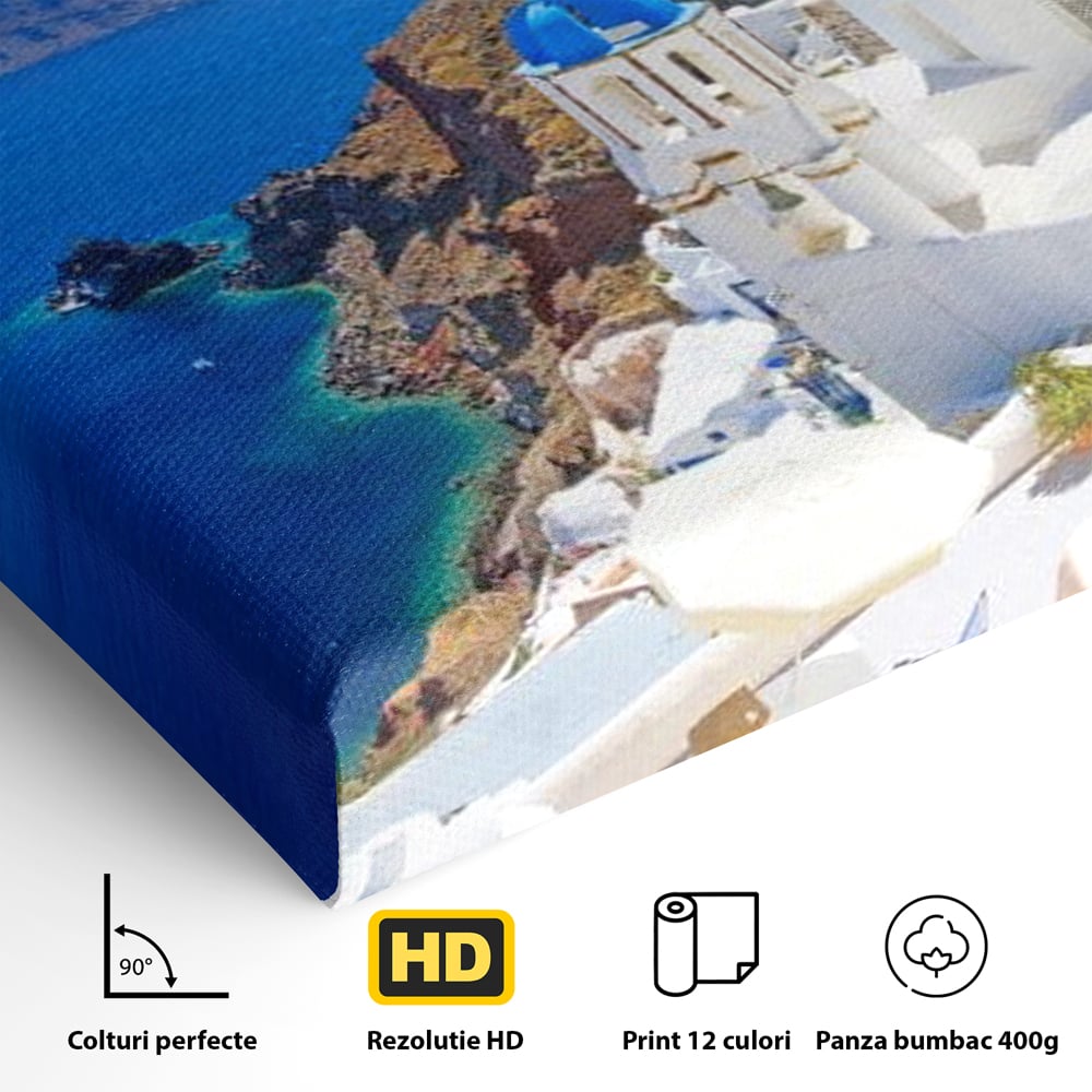Tablou Canvas Premium, LuxCanva® O1033, Eternul Santorini, Egee, Nesfarsit, Albastru, Insula, Mare, Cer, Valuri, Vacanta, Turist, Relaxare, Dorinta, Familie, Libertate, Serenitate, Birou, Living, Dormitor