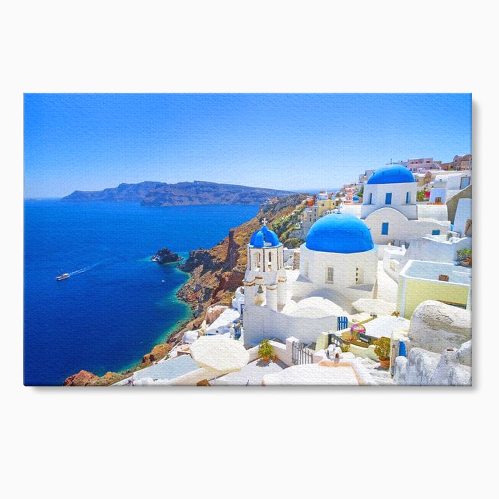 Tablou Canvas Premium, LuxCanva® O1033, Eternul Santorini, Egee, Nesfarsit, Albastru, Insula, Mare, Cer, Valuri, Vacanta, Turist, Relaxare, Dorinta, Familie, Libertate, Serenitate, Birou, Living, Dormitor