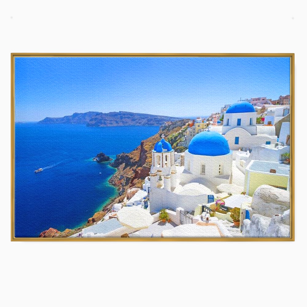 Tablou Canvas Premium, LuxCanva® O1033, Eternul Santorini, Egee, Nesfarsit, Albastru, Insula, Mare, Cer, Valuri, Vacanta, Turist, Relaxare, Dorinta, Familie, Libertate, Serenitate, Birou, Living, Dormitor
