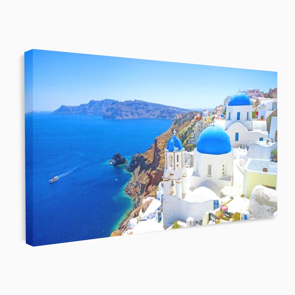 Tablou Canvas Premium, LuxCanva® O1033, Eternul Santorini, Egee, Nesfarsit, Albastru, Insula, Mare, Cer, Valuri, Vacanta, Turist, Relaxare, Dorinta, Familie, Libertate, Serenitate, Birou, Living, Dormitor