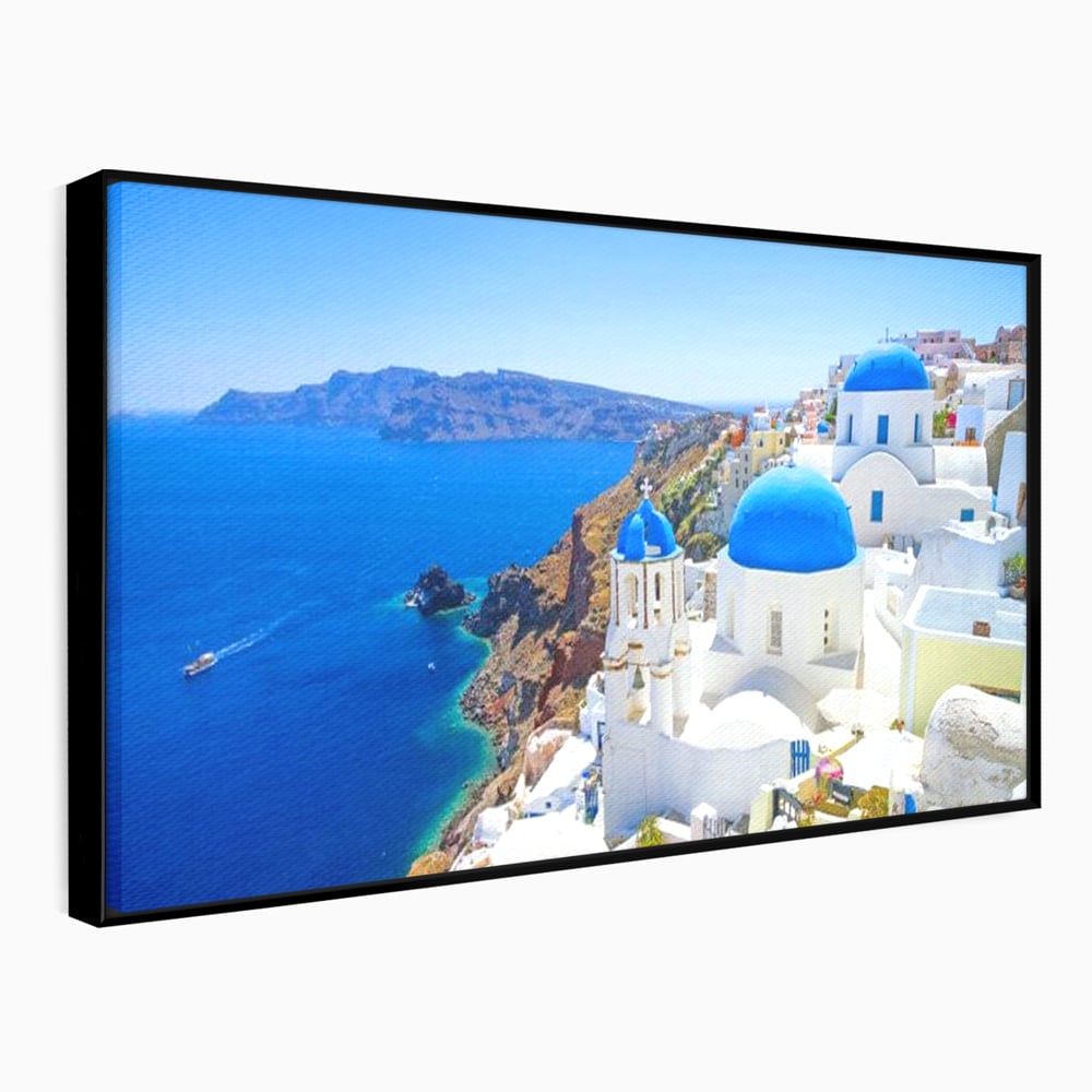 Tablou Canvas Premium, LuxCanva® O1033, Eternul Santorini, Egee, Nesfarsit, Albastru, Insula, Mare, Cer, Valuri, Vacanta, Turist, Relaxare, Dorinta, Familie, Libertate, Serenitate, Birou, Living, Dormitor