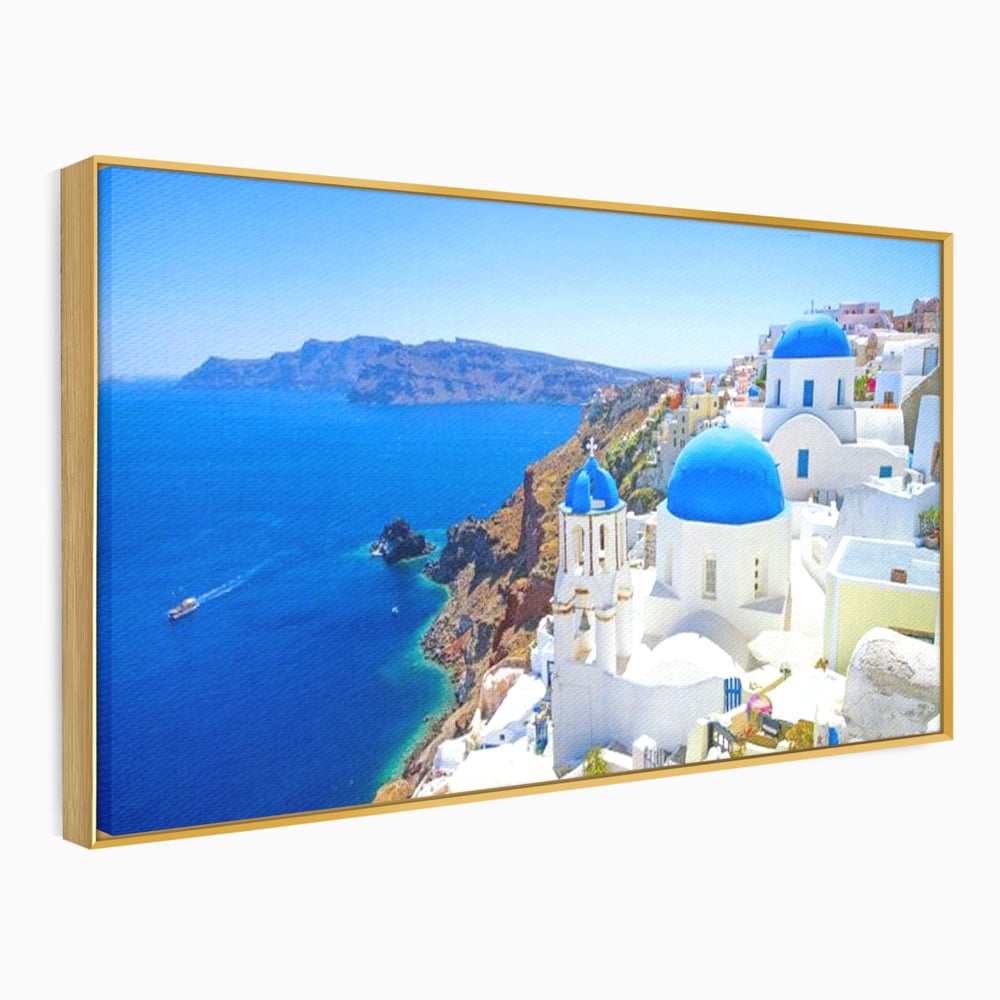 Tablou Canvas Premium, LuxCanva® O1033, Eternul Santorini, Egee, Nesfarsit, Albastru, Insula, Mare, Cer, Valuri, Vacanta, Turist, Relaxare, Dorinta, Familie, Libertate, Serenitate, Birou, Living, Dormitor