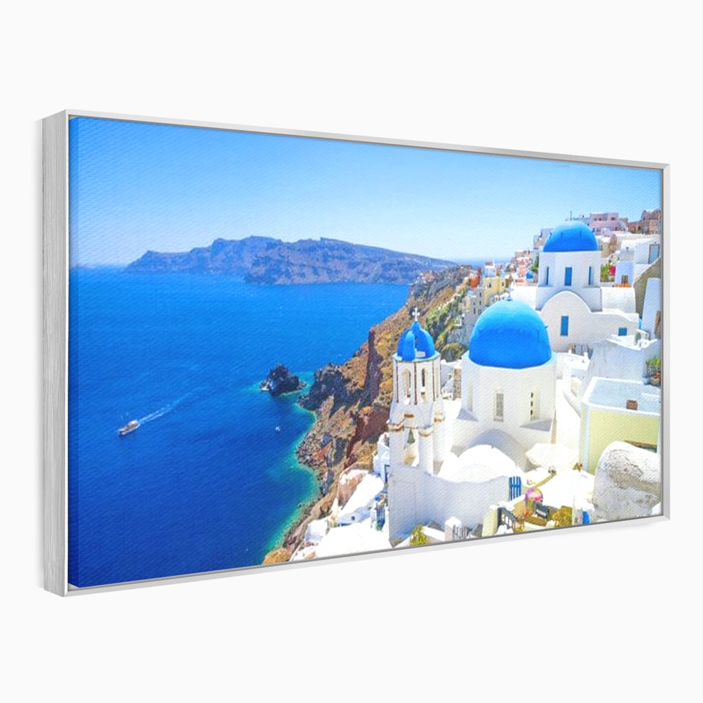 Tablou Canvas Premium, LuxCanva® O1033, Eternul Santorini, Egee, Nesfarsit, Albastru, Insula, Mare, Cer, Valuri, Vacanta, Turist, Relaxare, Dorinta, Familie, Libertate, Serenitate, Birou, Living, Dormitor