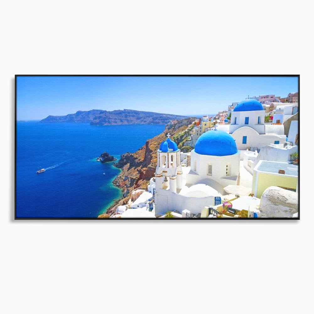 Tablou Canvas Premium, LuxCanva® O1033, Eternul Santorini, Egee, Nesfarsit, Albastru, Insula, Mare, Cer, Valuri, Vacanta, Turist, Relaxare, Dorinta, Familie, Libertate, Serenitate, Birou, Living, Dormitor