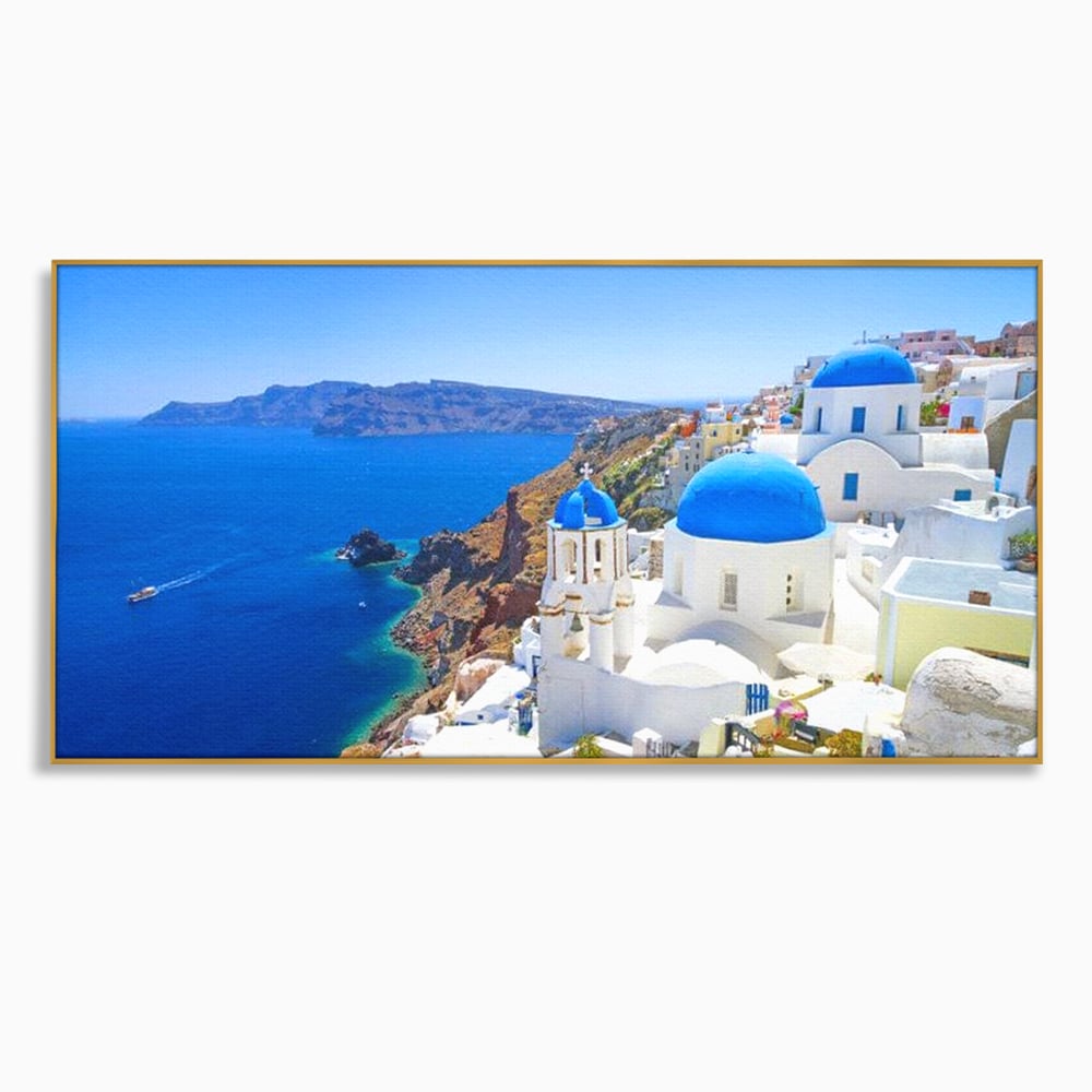 Tablou Canvas Premium, LuxCanva® O1033, Eternul Santorini, Egee, Nesfarsit, Albastru, Insula, Mare, Cer, Valuri, Vacanta, Turist, Relaxare, Dorinta, Familie, Libertate, Serenitate, Birou, Living, Dormitor