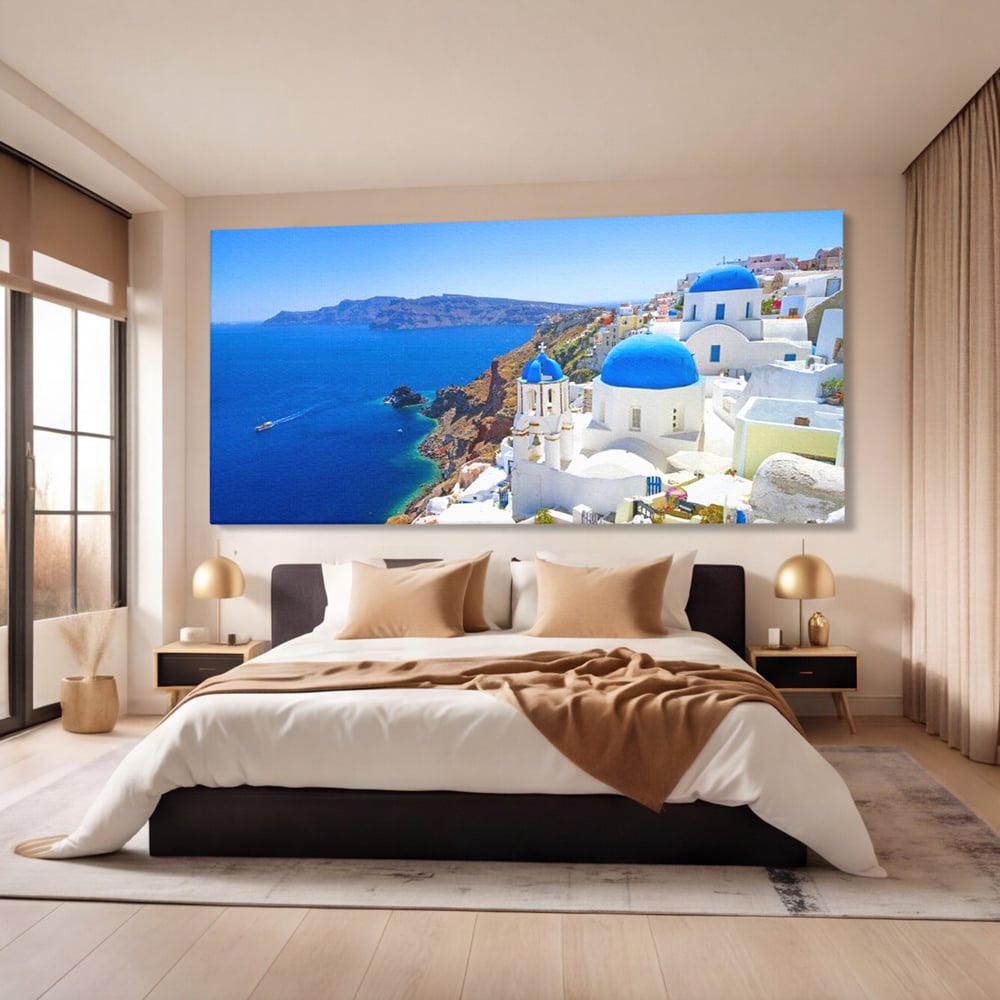 Tablou Canvas Premium, LuxCanva® O1033, Eternul Santorini, Egee, Nesfarsit, Albastru, Insula, Mare, Cer, Valuri, Vacanta, Turist, Relaxare, Dorinta, Familie, Libertate, Serenitate, Birou, Living, Dormitor