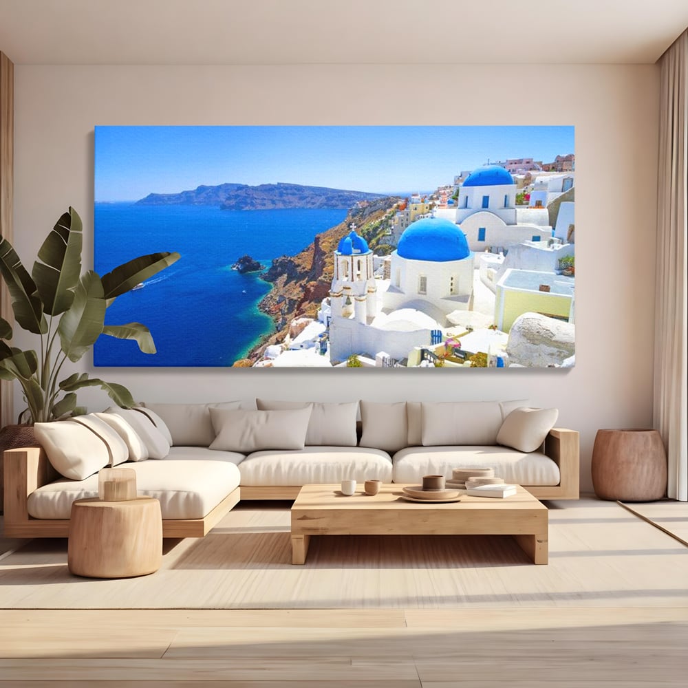 Tablou Canvas Premium, LuxCanva® O1033, Eternul Santorini, Egee, Nesfarsit, Albastru, Insula, Mare, Cer, Valuri, Vacanta, Turist, Relaxare, Dorinta, Familie, Libertate, Serenitate, Birou, Living, Dormitor