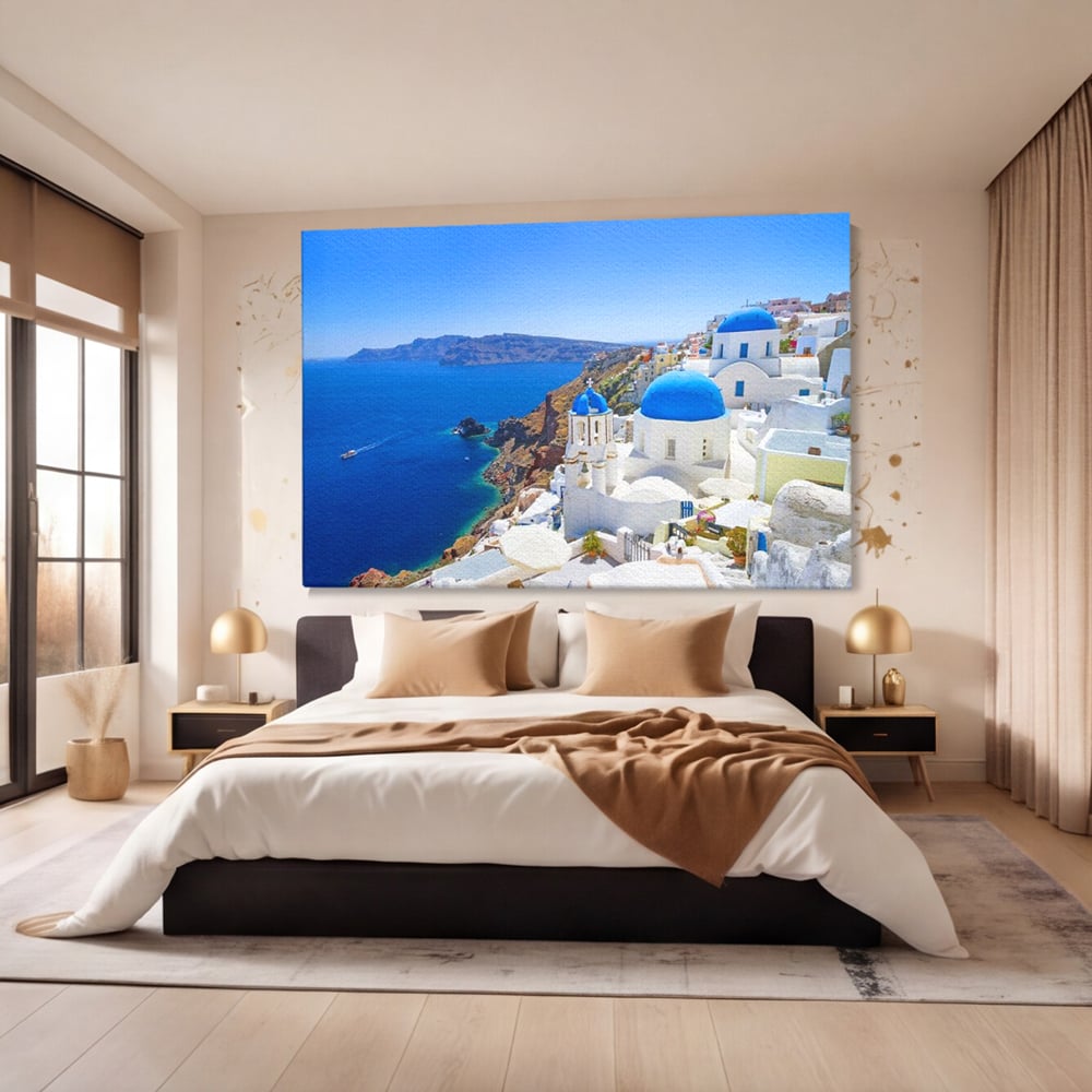 Tablou Canvas Premium, LuxCanva® O1033, Eternul Santorini, Egee, Nesfarsit, Albastru, Insula, Mare, Cer, Valuri, Vacanta, Turist, Relaxare, Dorinta, Familie, Libertate, Serenitate, Birou, Living, Dormitor