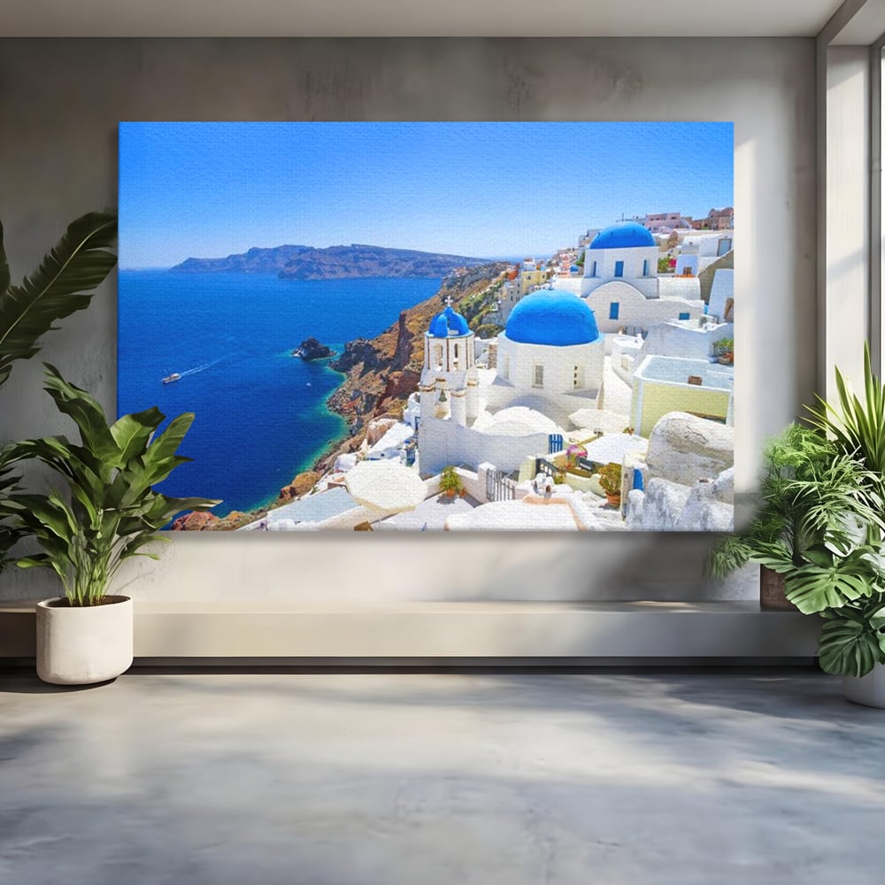 Tablou Canvas Premium, LuxCanva® O1033, Eternul Santorini, Egee, Nesfarsit, Albastru, Insula, Mare, Cer, Valuri, Vacanta, Turist, Relaxare, Dorinta, Familie, Libertate, Serenitate, Birou, Living, Dormitor