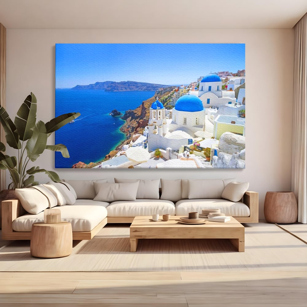 Tablou Canvas Premium, LuxCanva® O1033, Eternul Santorini, Egee, Nesfarsit, Albastru, Insula, Mare, Cer, Valuri, Vacanta, Turist, Relaxare, Dorinta, Familie, Libertate, Serenitate, Birou, Living, Dormitor