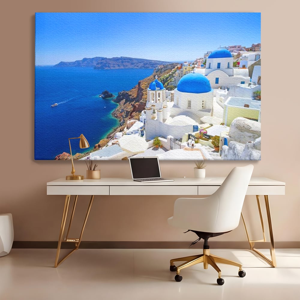 Tablou Canvas Premium, LuxCanva® O1033, Eternul Santorini, Egee, Nesfarsit, Albastru, Insula, Mare, Cer, Valuri, Vacanta, Turist, Relaxare, Dorinta, Familie, Libertate, Serenitate, Birou, Living, Dormitor