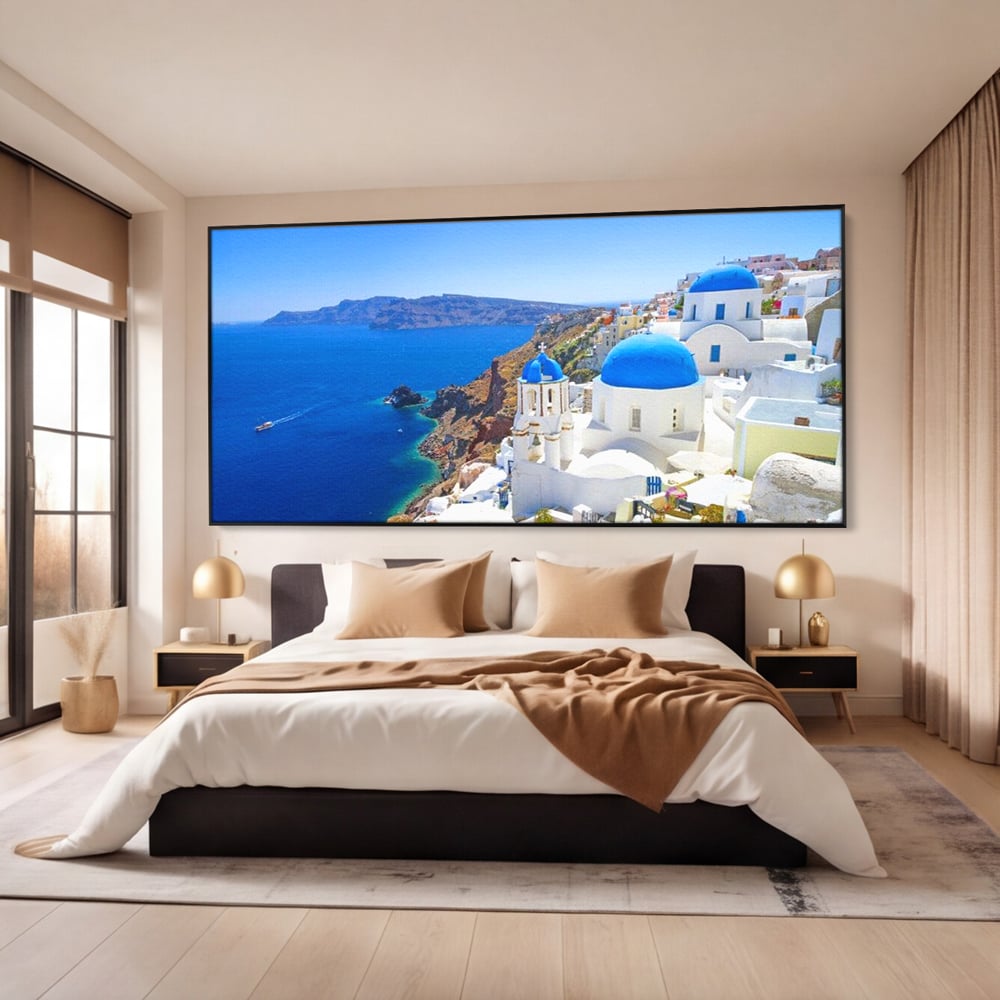 Tablou Canvas Premium, LuxCanva® O1033, Eternul Santorini, Egee, Nesfarsit, Albastru, Insula, Mare, Cer, Valuri, Vacanta, Turist, Relaxare, Dorinta, Familie, Libertate, Serenitate, Birou, Living, Dormitor