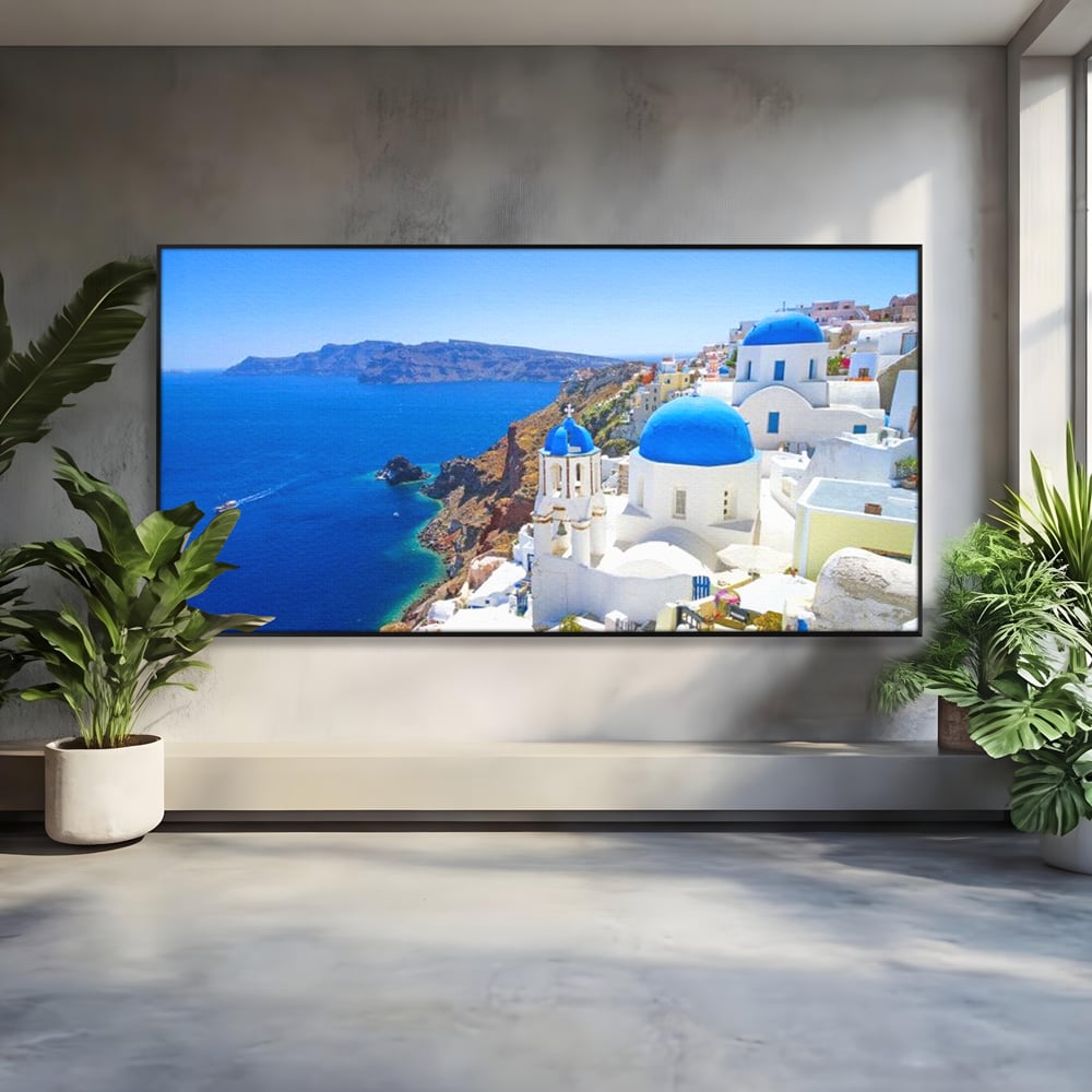 Tablou Canvas Premium, LuxCanva® O1033, Eternul Santorini, Egee, Nesfarsit, Albastru, Insula, Mare, Cer, Valuri, Vacanta, Turist, Relaxare, Dorinta, Familie, Libertate, Serenitate, Birou, Living, Dormitor