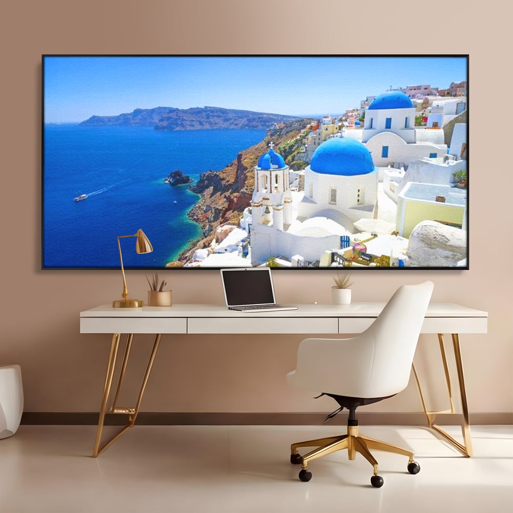 Tablou Canvas Premium, LuxCanva® O1033, Eternul Santorini, Egee, Nesfarsit, Albastru, Insula, Mare, Cer, Valuri, Vacanta, Turist, Relaxare, Dorinta, Familie, Libertate, Serenitate, Birou, Living, Dormitor