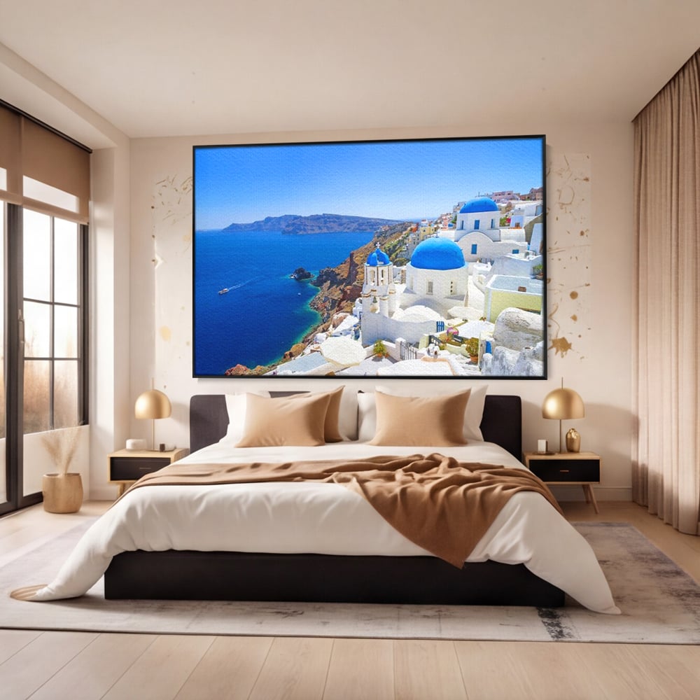 Tablou Canvas Premium, LuxCanva® O1033, Eternul Santorini, Egee, Nesfarsit, Albastru, Insula, Mare, Cer, Valuri, Vacanta, Turist, Relaxare, Dorinta, Familie, Libertate, Serenitate, Birou, Living, Dormitor