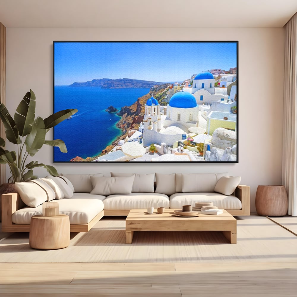 Tablou Canvas Premium, LuxCanva® O1033, Eternul Santorini, Egee, Nesfarsit, Albastru, Insula, Mare, Cer, Valuri, Vacanta, Turist, Relaxare, Dorinta, Familie, Libertate, Serenitate, Birou, Living, Dormitor