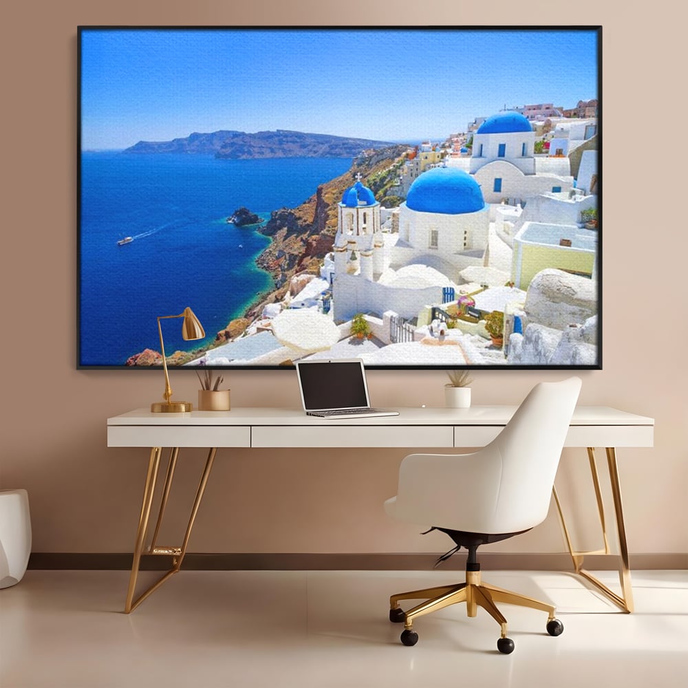 Tablou Canvas Premium, LuxCanva® O1033, Eternul Santorini, Egee, Nesfarsit, Albastru, Insula, Mare, Cer, Valuri, Vacanta, Turist, Relaxare, Dorinta, Familie, Libertate, Serenitate, Birou, Living, Dormitor