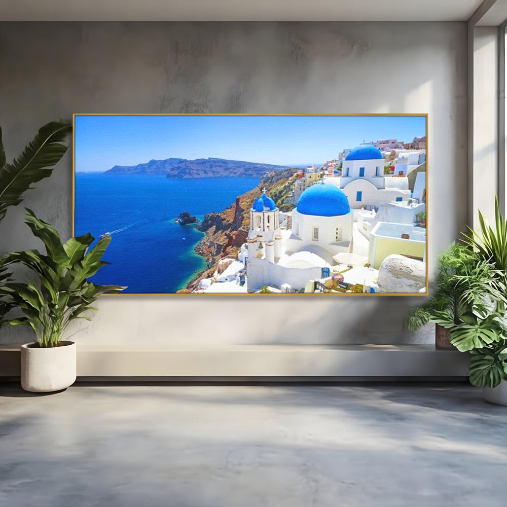 Tablou Canvas Premium, LuxCanva® O1033, Eternul Santorini, Egee, Nesfarsit, Albastru, Insula, Mare, Cer, Valuri, Vacanta, Turist, Relaxare, Dorinta, Familie, Libertate, Serenitate, Birou, Living, Dormitor