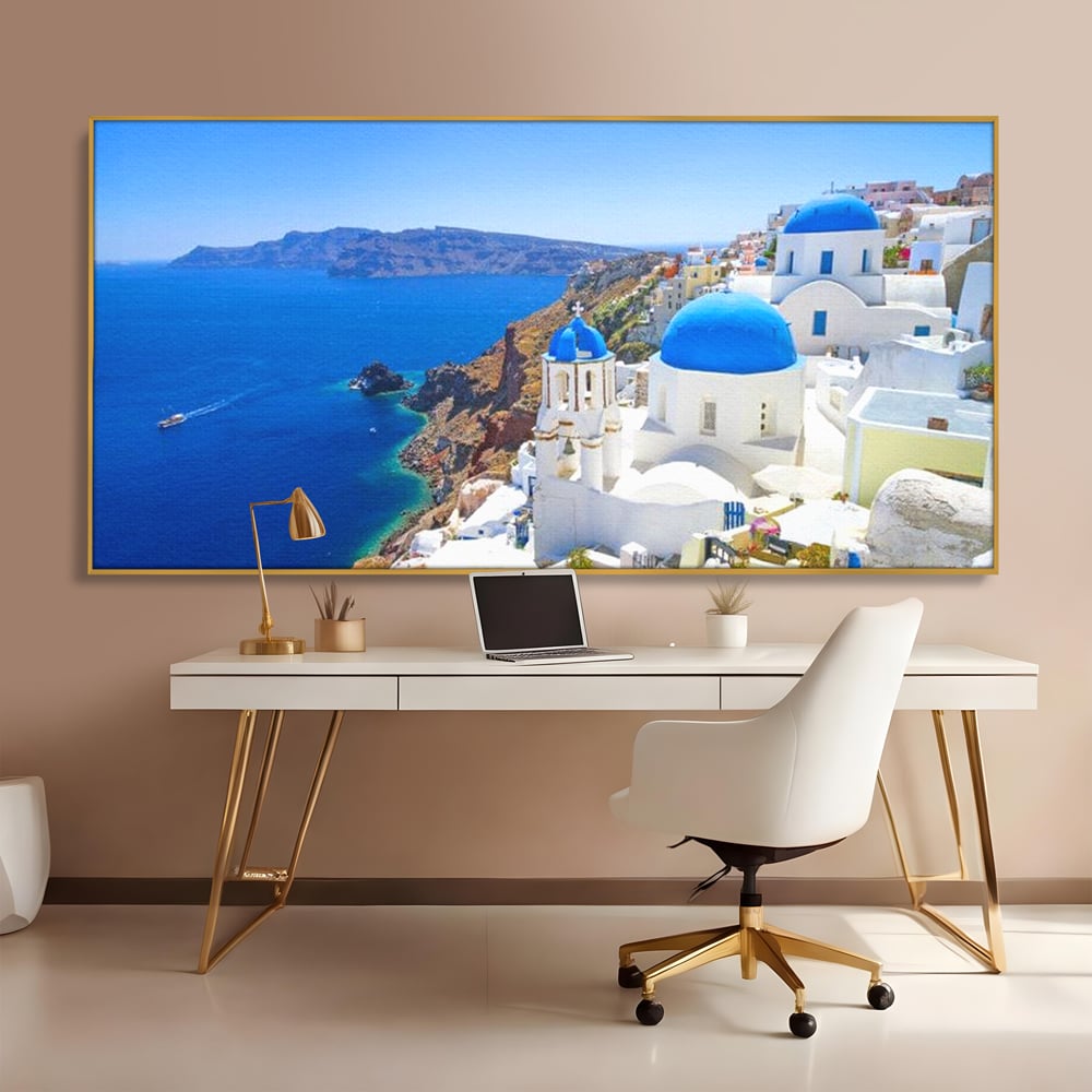 Tablou Canvas Premium, LuxCanva® O1033, Eternul Santorini, Egee, Nesfarsit, Albastru, Insula, Mare, Cer, Valuri, Vacanta, Turist, Relaxare, Dorinta, Familie, Libertate, Serenitate, Birou, Living, Dormitor
