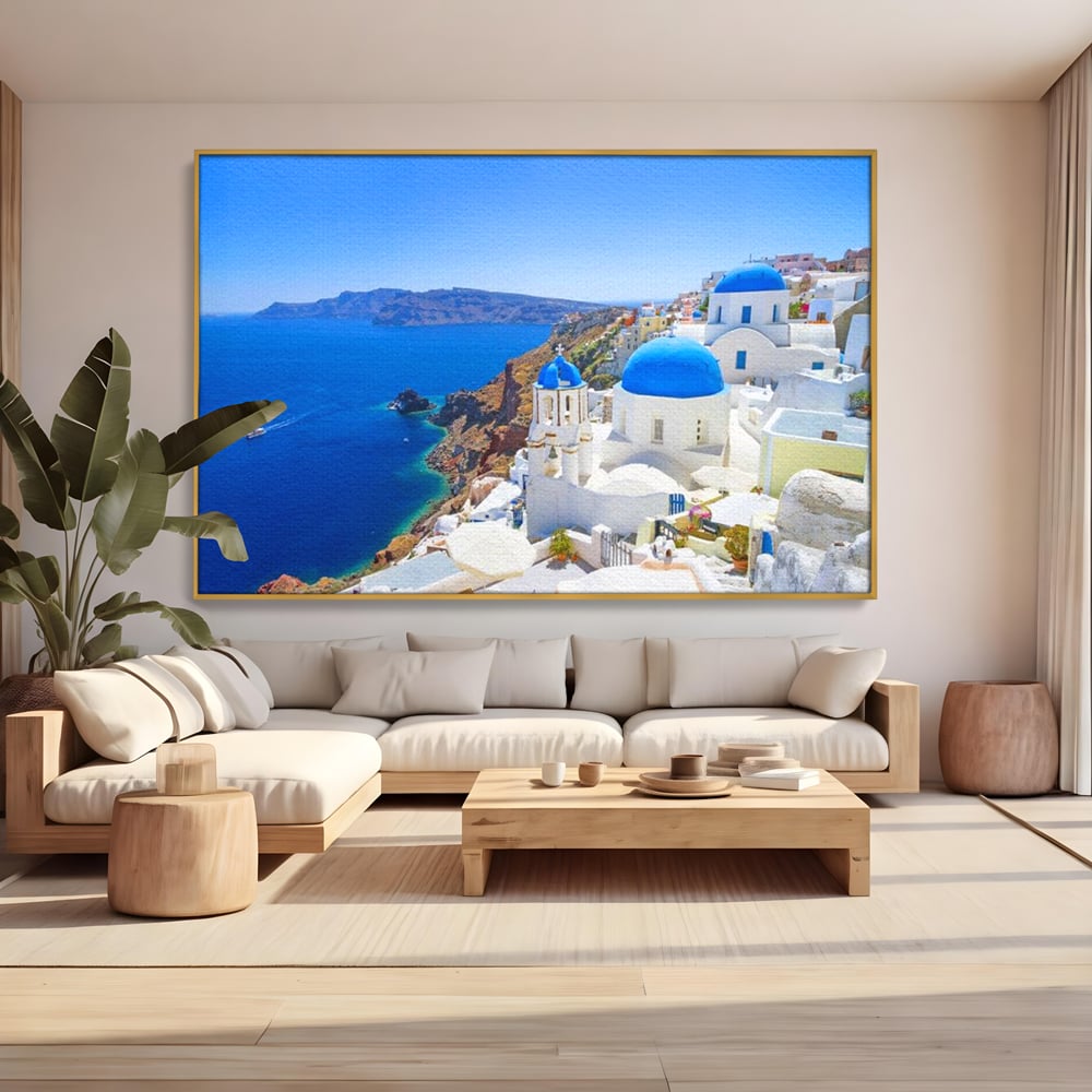 Tablou Canvas Premium, LuxCanva® O1033, Eternul Santorini, Egee, Nesfarsit, Albastru, Insula, Mare, Cer, Valuri, Vacanta, Turist, Relaxare, Dorinta, Familie, Libertate, Serenitate, Birou, Living, Dormitor