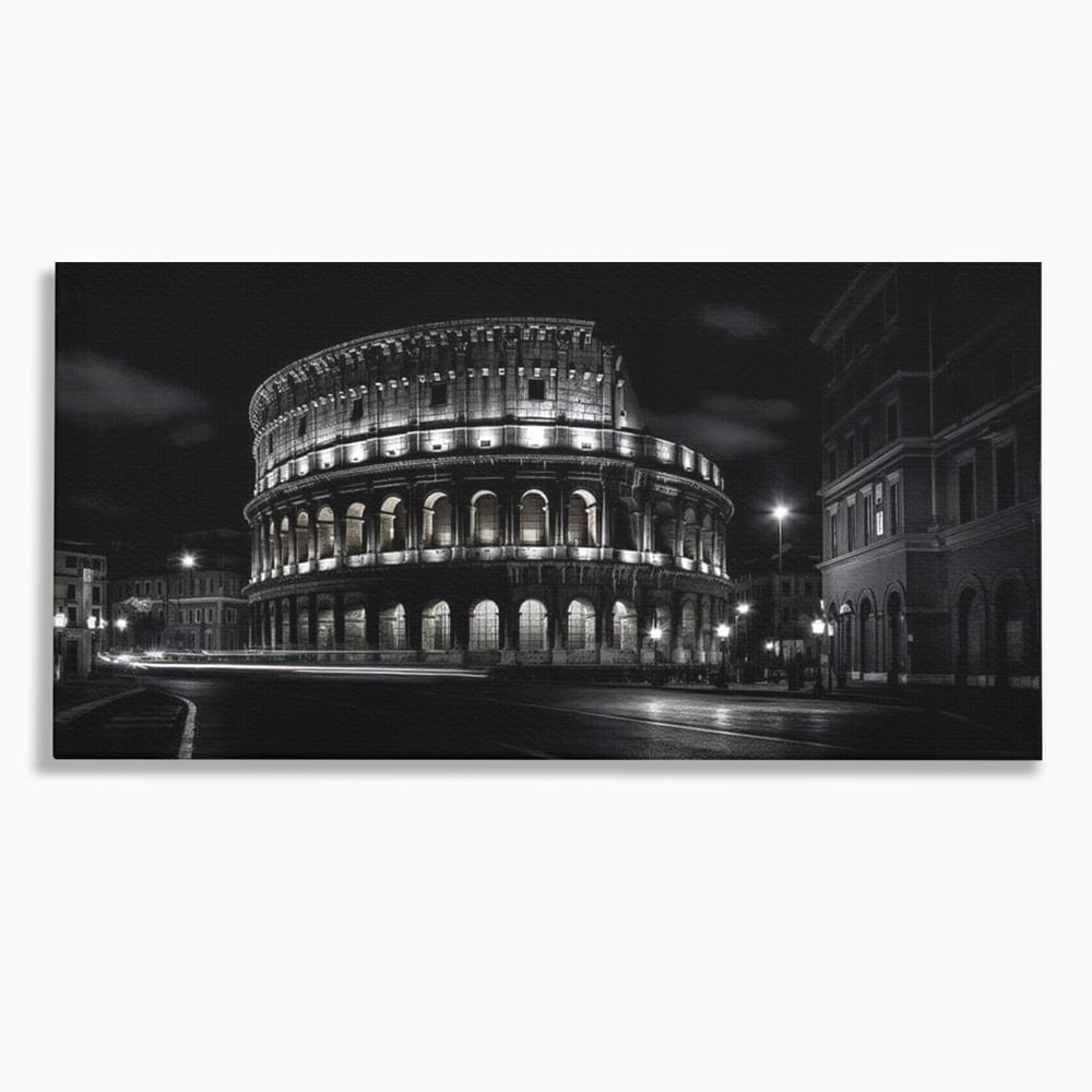 Leinwand Wandkunst Canvas Premium, LuxCanva® O1034, Kolosseum in Stille, Ewige, Nacht, Lichter, Rom, Italien, Amphitheater, Amphitheater, Tourist, Gladiator, Uhr, Geschichte, Antike, Säule, Büro, Wohnen, Schlafzimmer