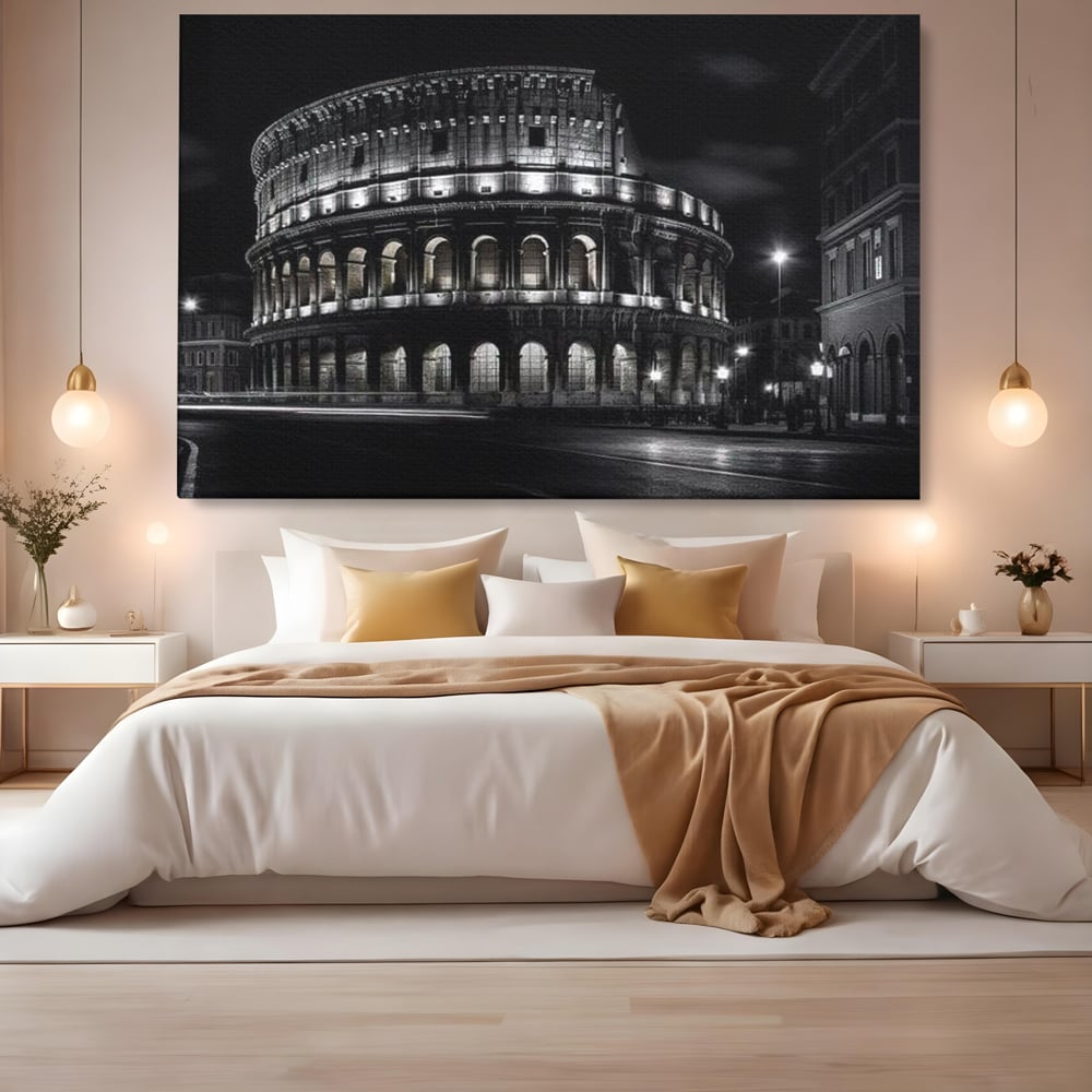 Leinwand Wandkunst Canvas Premium, LuxCanva® O1034, Kolosseum in Stille, Ewige, Nacht, Lichter, Rom, Italien, Amphitheater, Amphitheater, Tourist, Gladiator, Uhr, Geschichte, Antike, Säule, Büro, Wohnen, Schlafzimmer