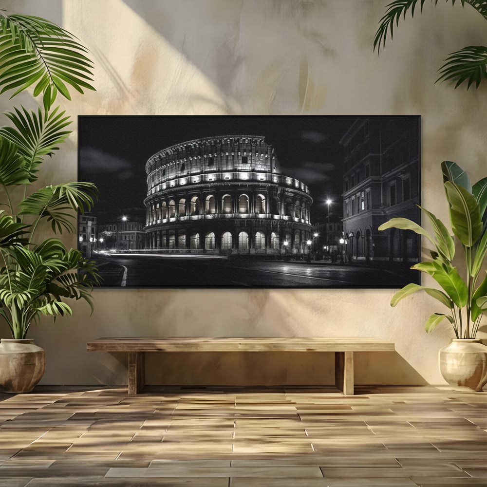 Leinwand Wandkunst Canvas Premium, LuxCanva® O1034, Kolosseum in Stille, Ewige, Nacht, Lichter, Rom, Italien, Amphitheater, Amphitheater, Tourist, Gladiator, Uhr, Geschichte, Antike, Säule, Büro, Wohnen, Schlafzimmer