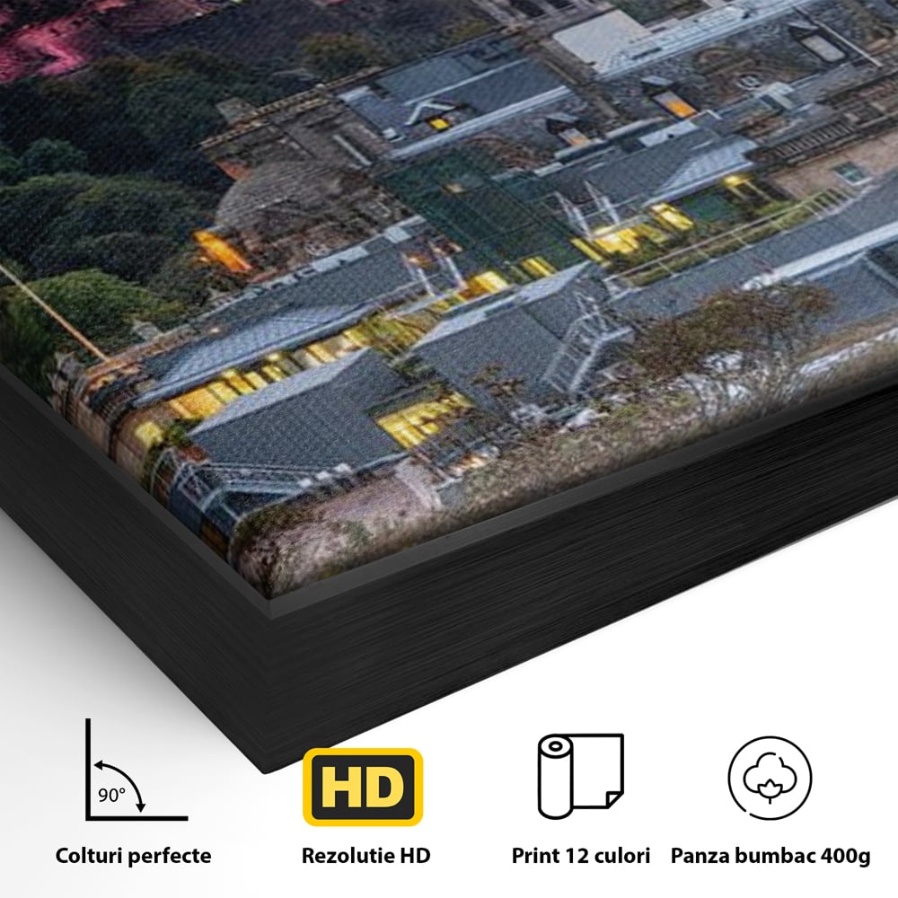 Tablou Canvas Premium, LuxCanva® O1035, Castelul din Edinburgh, Europa, Poveste, Oras, Amurg, Cetate, Legenda, Ceas, Timpuri, Ziduri, Deal, Piatra, Coroana, Scotia, Birou, Living, Dormitor