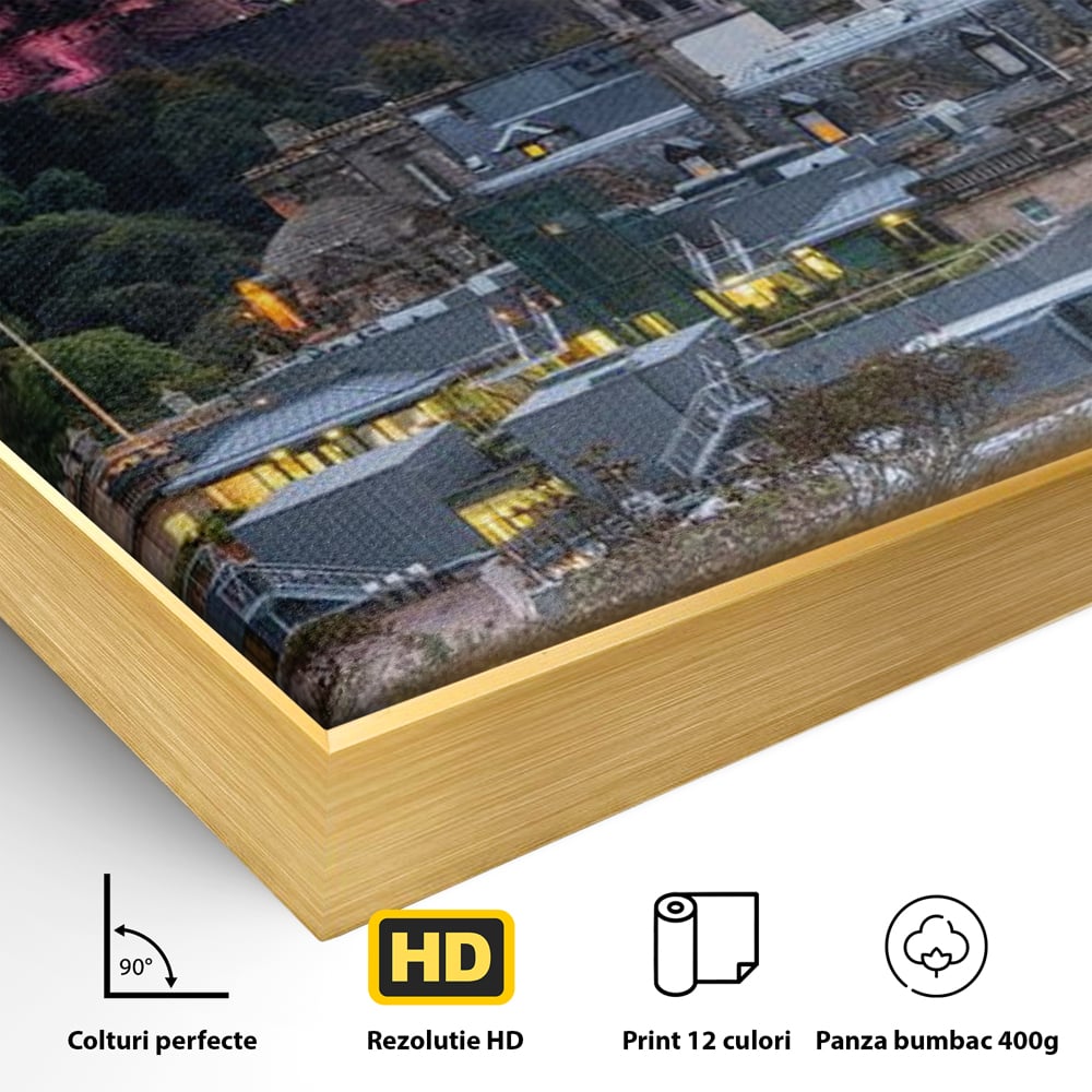 Tablou Canvas Premium, LuxCanva® O1035, Castelul din Edinburgh, Europa, Poveste, Oras, Amurg, Cetate, Legenda, Ceas, Timpuri, Ziduri, Deal, Piatra, Coroana, Scotia, Birou, Living, Dormitor