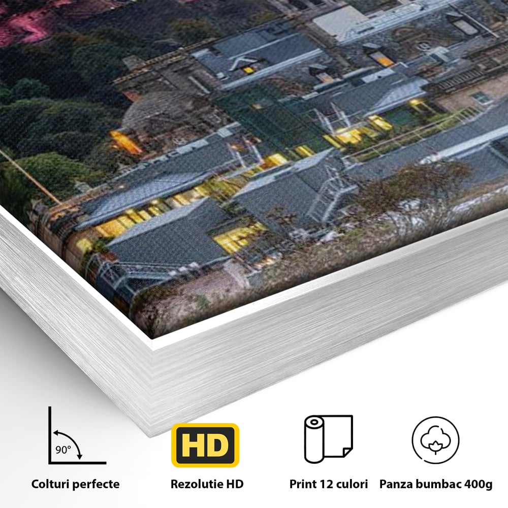 Tablou Canvas Premium, LuxCanva® O1035, Castelul din Edinburgh, Europa, Poveste, Oras, Amurg, Cetate, Legenda, Ceas, Timpuri, Ziduri, Deal, Piatra, Coroana, Scotia, Birou, Living, Dormitor