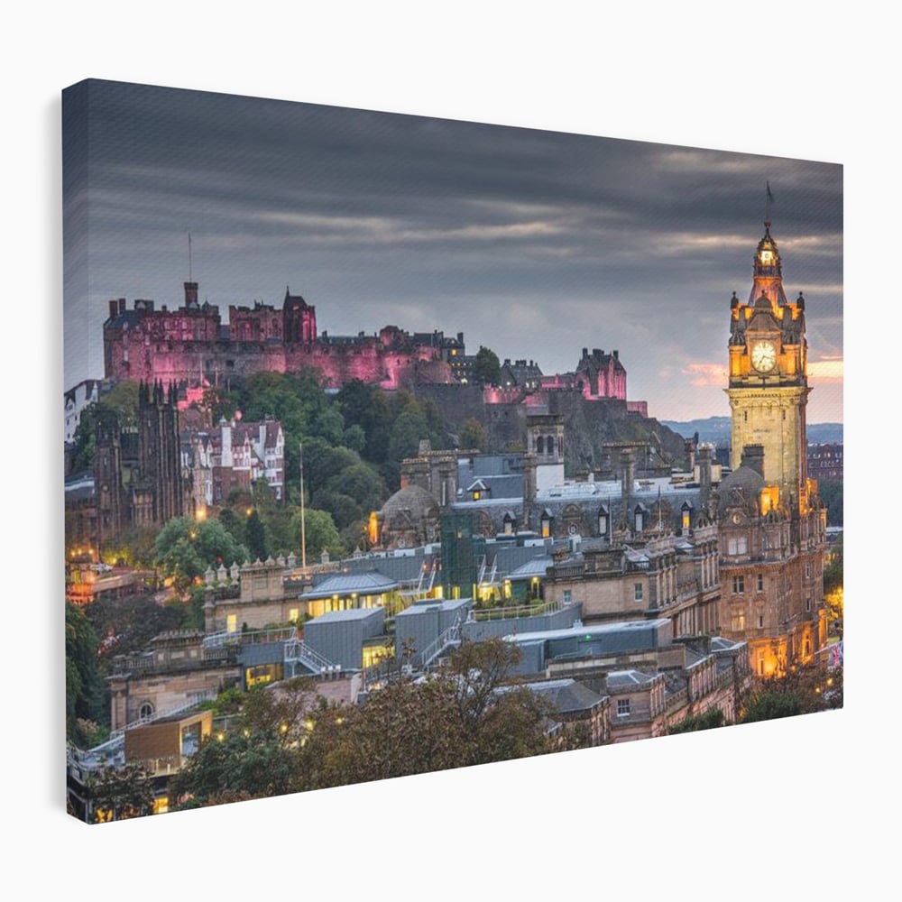 Tablou Canvas Premium, LuxCanva® O1035, Castelul din Edinburgh, Europa, Poveste, Oras, Amurg, Cetate, Legenda, Ceas, Timpuri, Ziduri, Deal, Piatra, Coroana, Scotia, Birou, Living, Dormitor