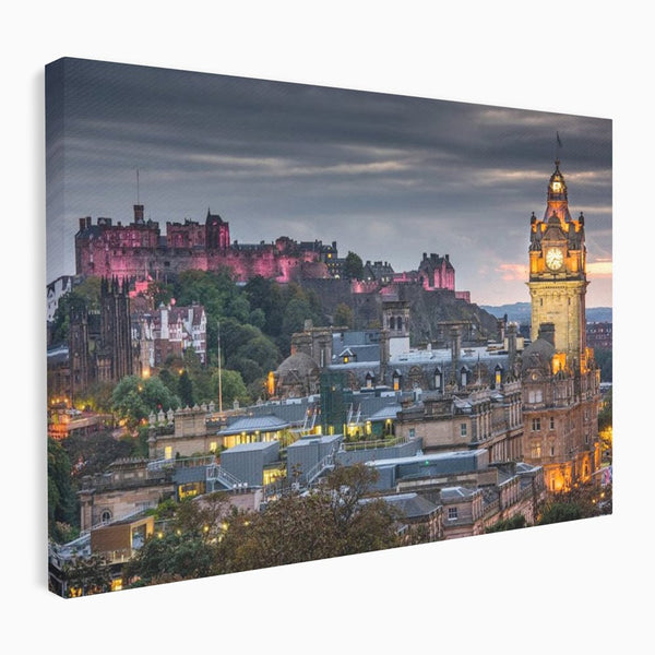 Tablou Canvas Premium, LuxCanva® O1035, Castelul din Edinburgh, Europa, Poveste, Oras, Amurg, Cetate, Legenda, Ceas, Timpuri, Ziduri, Deal, Piatra, Coroana, Scotia, Birou, Living, Dormitor