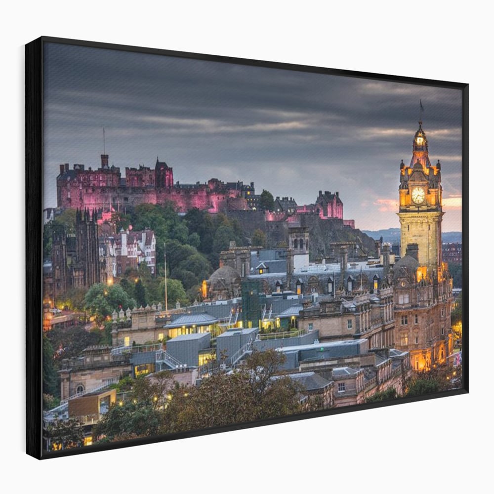 Tablou Canvas Premium, LuxCanva® O1035, Castelul din Edinburgh, Europa, Poveste, Oras, Amurg, Cetate, Legenda, Ceas, Timpuri, Ziduri, Deal, Piatra, Coroana, Scotia, Birou, Living, Dormitor