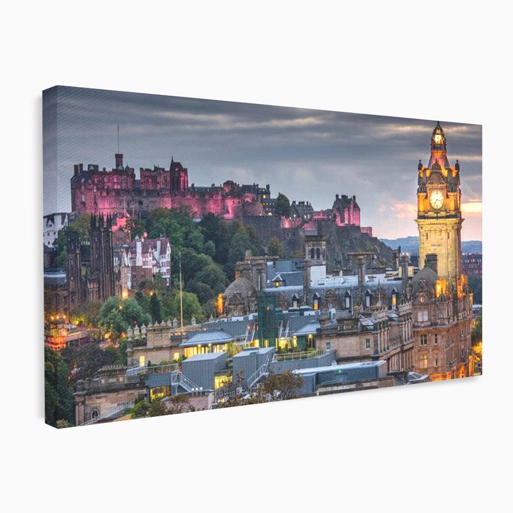 Tablou Canvas Premium, LuxCanva® O1035, Castelul din Edinburgh, Europa, Poveste, Oras, Amurg, Cetate, Legenda, Ceas, Timpuri, Ziduri, Deal, Piatra, Coroana, Scotia, Birou, Living, Dormitor