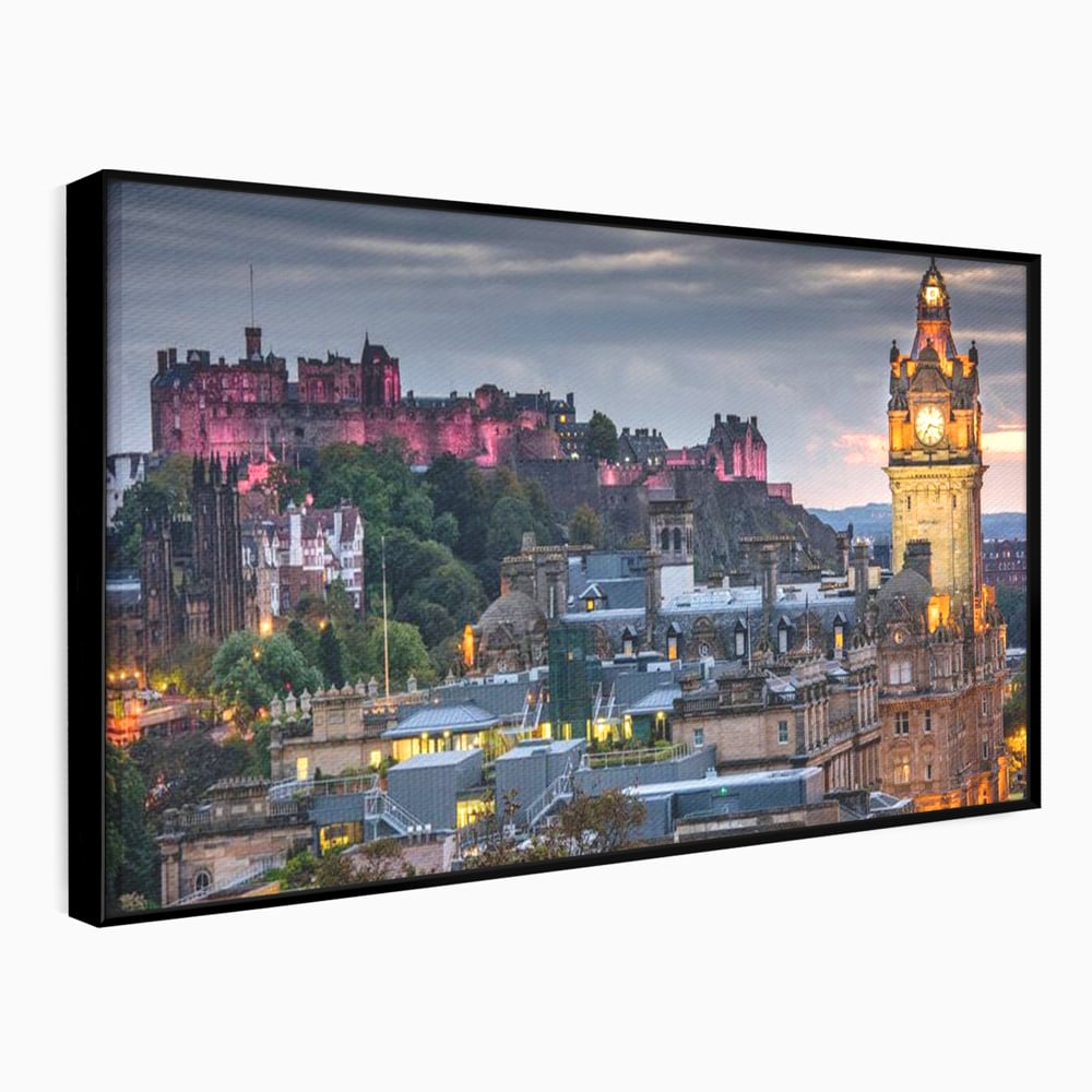 Tablou Canvas Premium, LuxCanva® O1035, Castelul din Edinburgh, Europa, Poveste, Oras, Amurg, Cetate, Legenda, Ceas, Timpuri, Ziduri, Deal, Piatra, Coroana, Scotia, Birou, Living, Dormitor