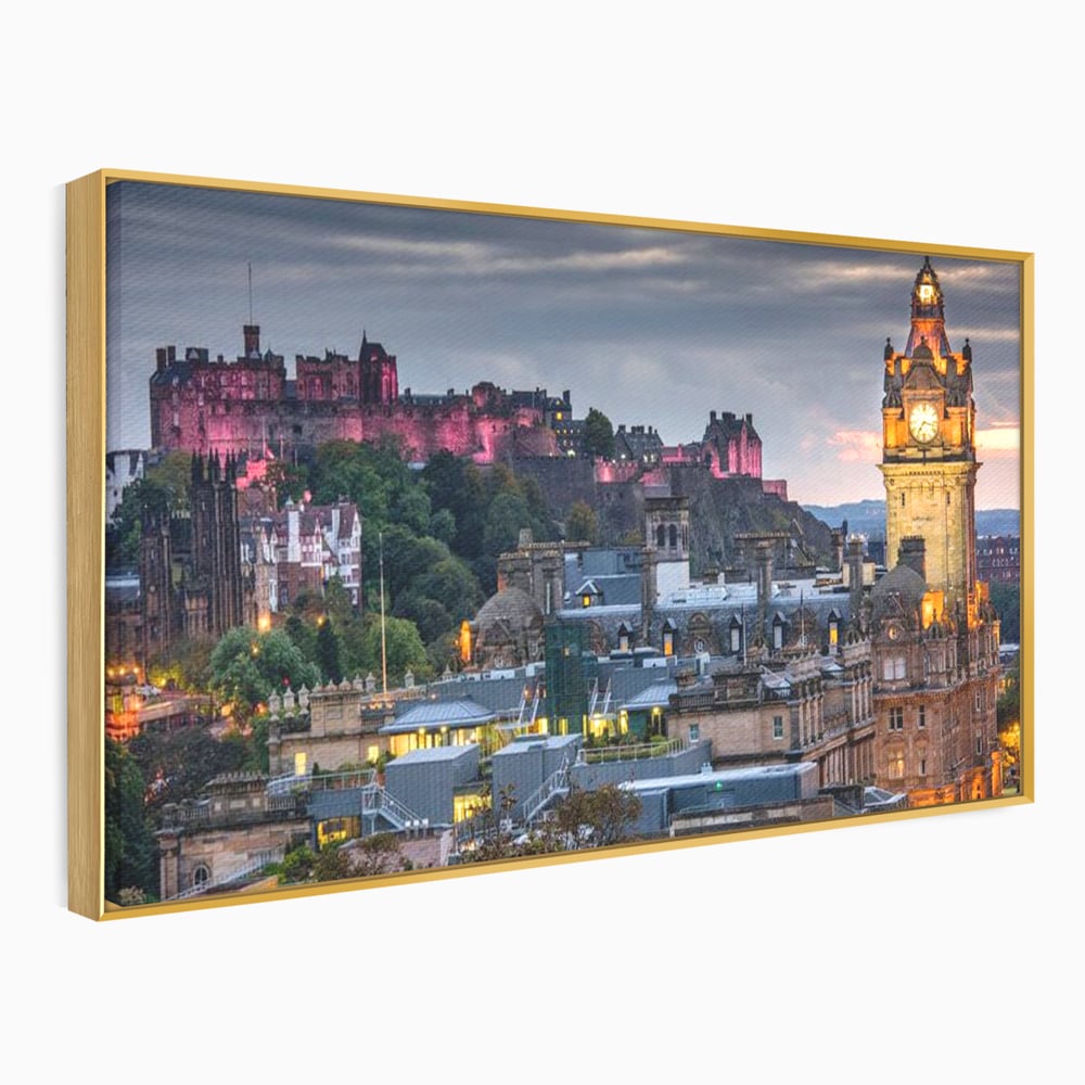 Tablou Canvas Premium, LuxCanva® O1035, Castelul din Edinburgh, Europa, Poveste, Oras, Amurg, Cetate, Legenda, Ceas, Timpuri, Ziduri, Deal, Piatra, Coroana, Scotia, Birou, Living, Dormitor