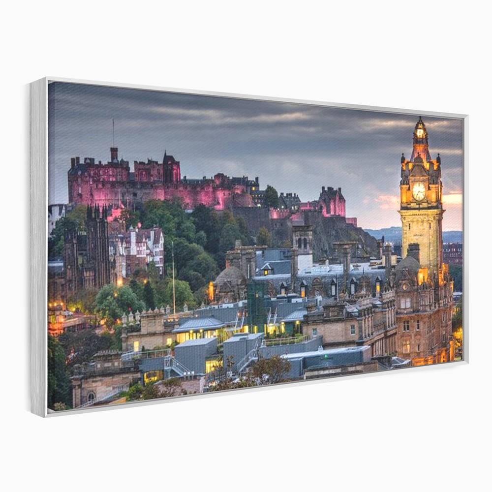 Tablou Canvas Premium, LuxCanva® O1035, Castelul din Edinburgh, Europa, Poveste, Oras, Amurg, Cetate, Legenda, Ceas, Timpuri, Ziduri, Deal, Piatra, Coroana, Scotia, Birou, Living, Dormitor
