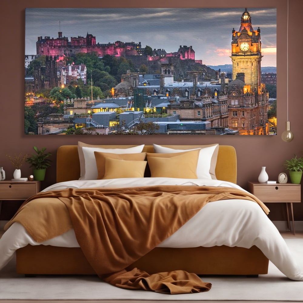 Tablou Canvas Premium, LuxCanva® O1035, Castelul din Edinburgh, Europa, Poveste, Oras, Amurg, Cetate, Legenda, Ceas, Timpuri, Ziduri, Deal, Piatra, Coroana, Scotia, Birou, Living, Dormitor