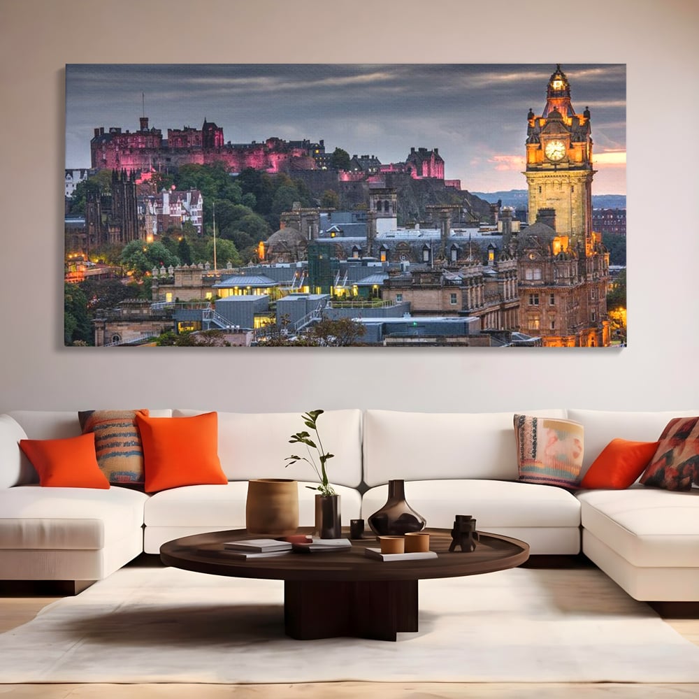 Tablou Canvas Premium, LuxCanva® O1035, Castelul din Edinburgh, Europa, Poveste, Oras, Amurg, Cetate, Legenda, Ceas, Timpuri, Ziduri, Deal, Piatra, Coroana, Scotia, Birou, Living, Dormitor
