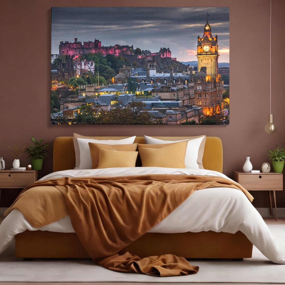 Tablou Canvas Premium, LuxCanva® O1035, Castelul din Edinburgh, Europa, Poveste, Oras, Amurg, Cetate, Legenda, Ceas, Timpuri, Ziduri, Deal, Piatra, Coroana, Scotia, Birou, Living, Dormitor