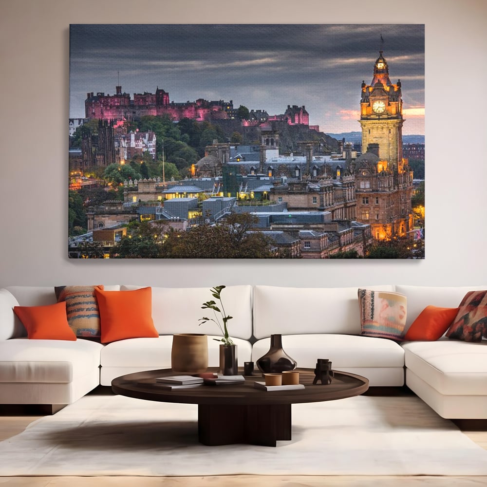 Tablou Canvas Premium, LuxCanva® O1035, Castelul din Edinburgh, Europa, Poveste, Oras, Amurg, Cetate, Legenda, Ceas, Timpuri, Ziduri, Deal, Piatra, Coroana, Scotia, Birou, Living, Dormitor