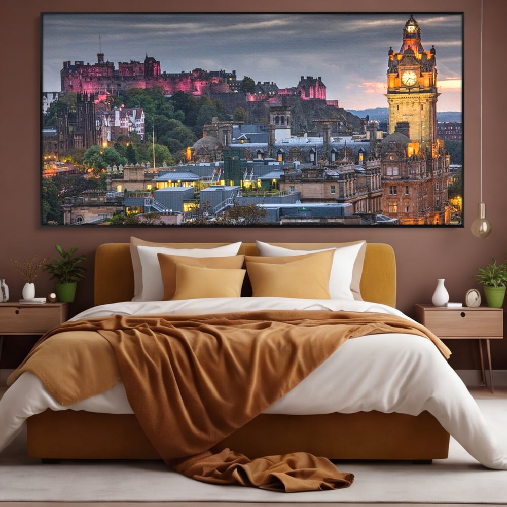 Tablou Canvas Premium, LuxCanva® O1035, Castelul din Edinburgh, Europa, Poveste, Oras, Amurg, Cetate, Legenda, Ceas, Timpuri, Ziduri, Deal, Piatra, Coroana, Scotia, Birou, Living, Dormitor