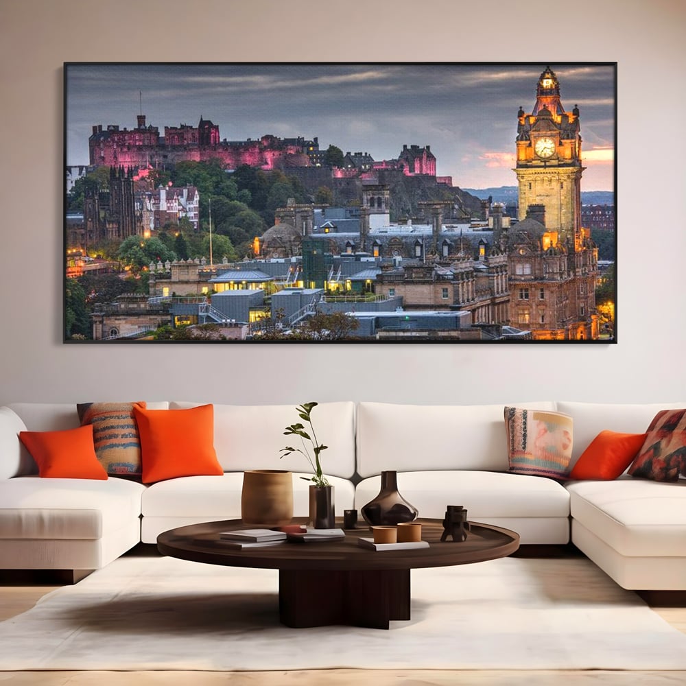 Tablou Canvas Premium, LuxCanva® O1035, Castelul din Edinburgh, Europa, Poveste, Oras, Amurg, Cetate, Legenda, Ceas, Timpuri, Ziduri, Deal, Piatra, Coroana, Scotia, Birou, Living, Dormitor